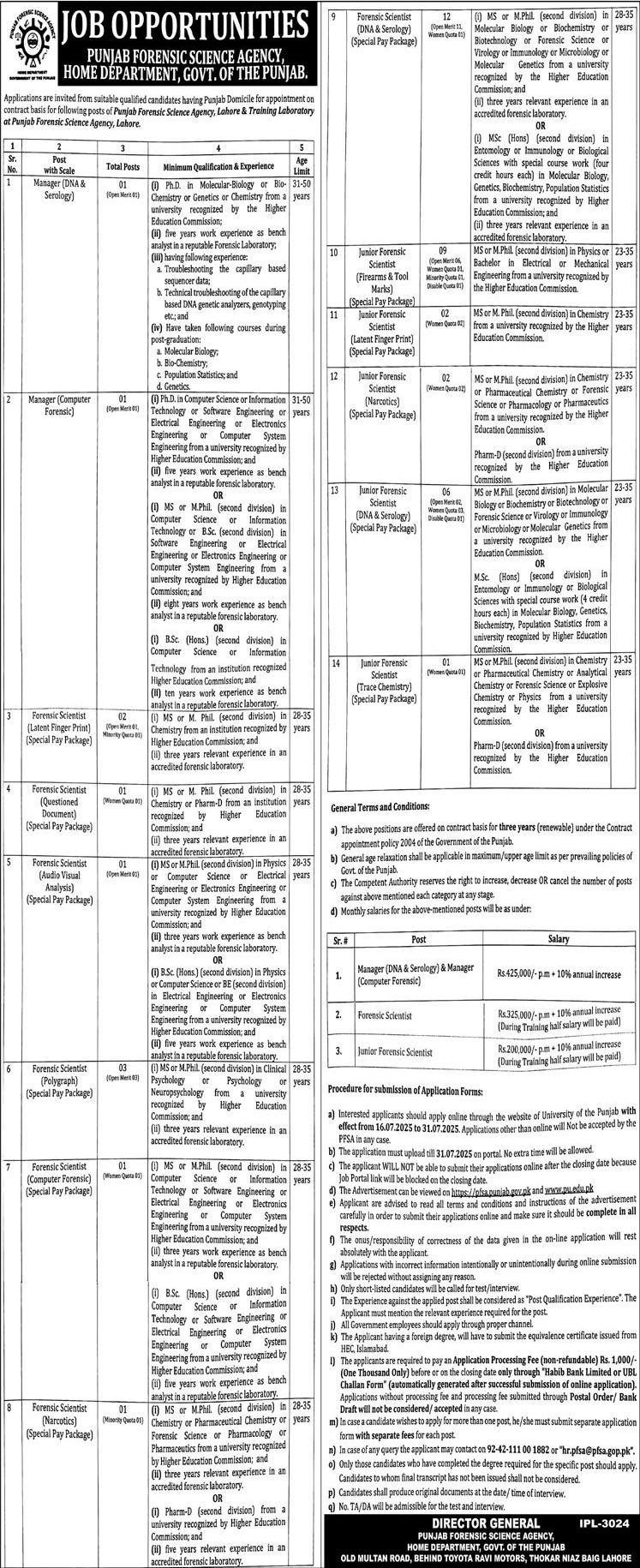 Jobs in Punjab Forensic Science Agency Home Department Lahore